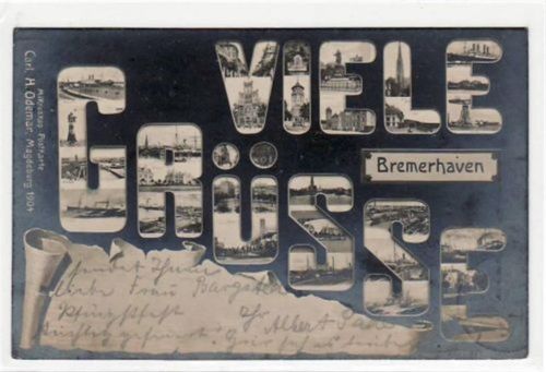 Bremerhaven Viele Grüsse Bremerhaven mit kleinen Bildern i.d. Buchstaben gelaufen, 1904. Leichter Stempeldurchdruck, leicht fleckig, sonst gut erhalten