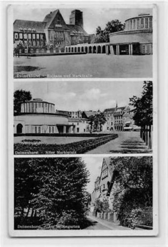 Delmenhorst Delmenhorst. Partie am Delmegarten, Rathaus und Markthalle und alter Marktplatz. Feldpost Leicht fleckig, kleiner Knick oben links, sonst gut erhalten