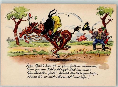 W1000 Berlin, unsortiert Humor Pferd Reiter Schwein Vogel Zylinder Mann Pfeife sign. Automobil-Ausstellung Werbung Auto 1938