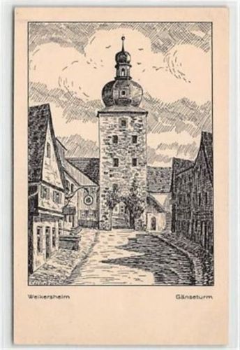 Weikersheim, Federzeichnung. Gänseturm ungelaufen Gute Erhaltung.