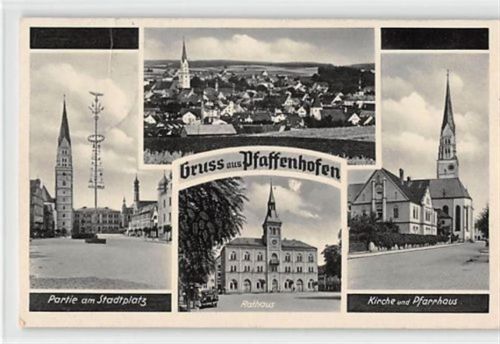 Pfaffenhofen mit Kirche und Pfarrhaus gelaufen. Leichter Stempeldurchdruck, kleiner Knick unten links, sonst gut erhalten