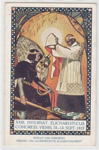 Wien XXIII. Internationaler Eucharistischer Kongress 12. - 15. September 1912. Künstlerkarte. Rudolf von Habsburg verehrt das allerheiligste Altarssakrament gelaufen, 1912. Gute Erhaltung.
