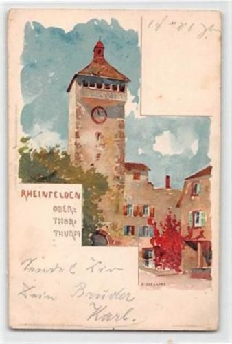 Rheinfelden colorierte Künstlerkarte (sign. f. Voellmy) Obertorturm gelaufen kleiner Knick oben und unten links, leicht stockfleckig, sonst gut erhalten