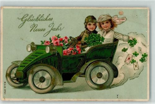 1908 Prägedruck Neujahr Kinder im Automobil Rosen Glücksklee AK
