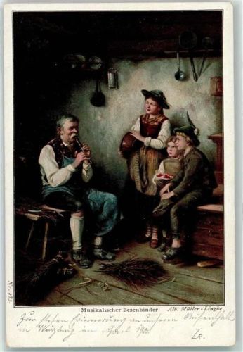 1900 Musikalischer Besenbinder Trachten Flöte sign. Alb. Müller-Lingke AK