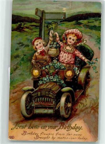 Prägedruck Birthday Kinder im Automobil geschmückt mit Blüten Vergissmeinnicht Verlag Schwerdtfeger AK