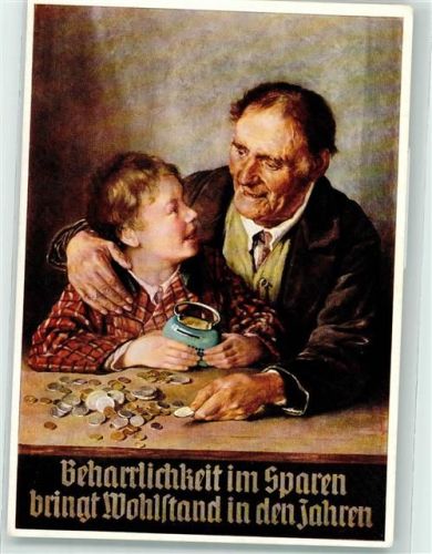 Spare bei der Sparkasse - Spardose Geld Großvater und Enkel sign. Prof. Schlegel Sparkasse Künstlerkarte