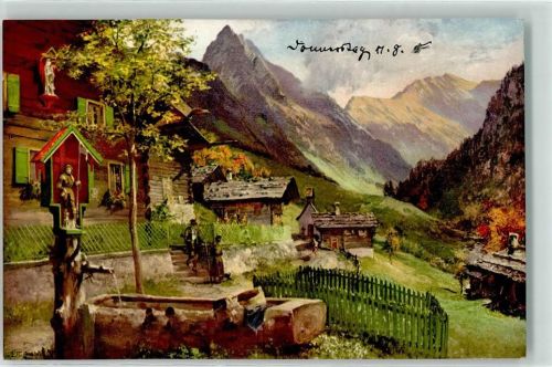 87561 W8980 Gerstruben Künstlerkarte Brunnen Tracht Berge Zaun Bauernhaus