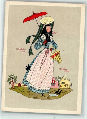 86807 W8938 Buchloe Künstlerkarte Oberschwäbische Tracht Frau Schirm Korb