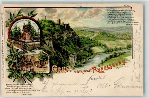 06628 O4801 Saaleck 1901 Lithographie Rudelsburg Burghof Bismarckdenkmal
