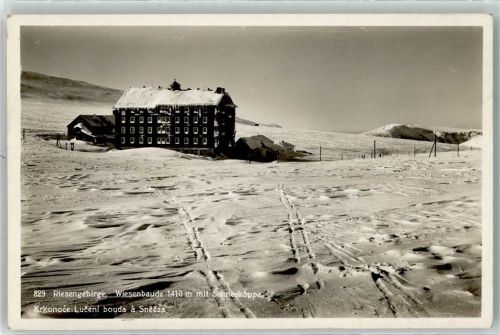 Hirschberg im Riesengebirge Riesengebirge Wiesenbaude 1410 m Schneekoppe Winter Schnee Ort handschriftlich