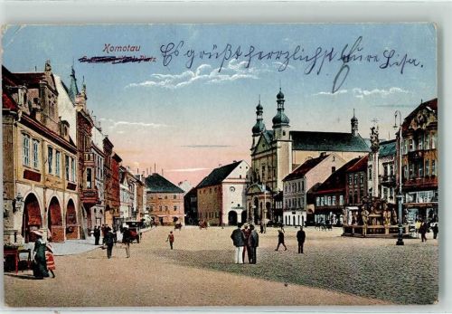 Chomutov Platz Säule Türme Geschäfte