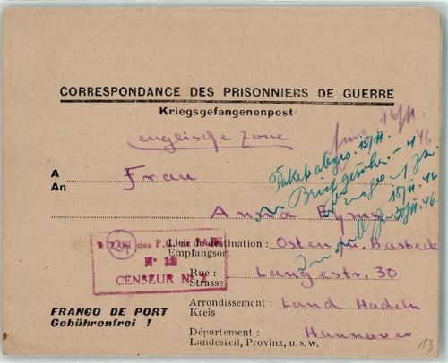 Dunkerque Kriegsgefangenenpost Ehms