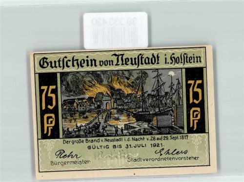 Neustadt Notgeld Gutschein v Neustadt in Holstein Kremper Straße und Tor 75 Pfennig Nr. 06148