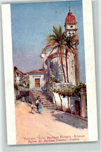 Corfu 1911 Eglise Ste Barbare Potamo Kirche Palmen Frau Kind Tracht Volkstyp