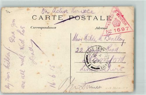 1915 Stempel Passed by Censor Nr 1697 Zensur Stempel Base Army Postoffice