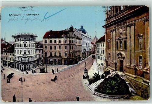 Ljubljana Laibach - Marienplatz Litfaßsäule Straßenbahn