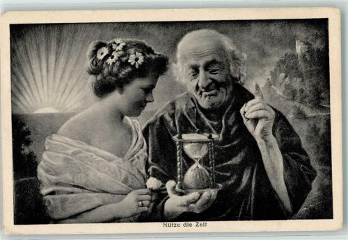 sign. E.Erzberger Frau Sanduhr Künstler Gebrauchsspuren