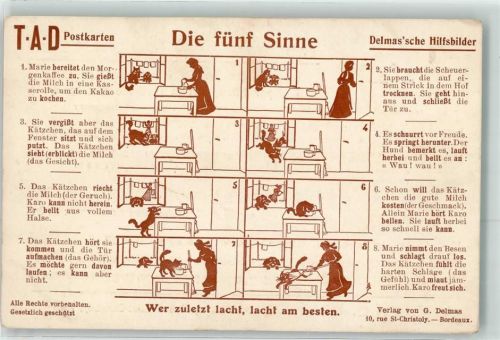 Die fünf Sinne Wer zuletzt lacht lacht am besten Delmassche Hilfsbilder TAD Postkarte Informationskarte