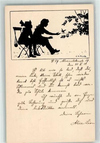 1919 sign.Carus Scherenschnitt Mädchen Vogel Nr.41