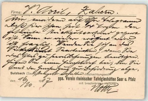 Sulzbach 1917 Tafelglashütten Saar & Pfalz Postkarte
