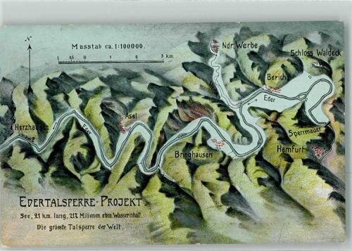 Waldeck 1910 Edertalsperre-Projekt Karte Ederverlauf