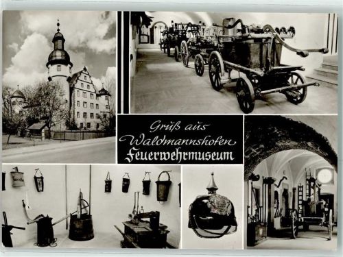 Waldmannshofen Feuerwehrmuseum im Schloss Museumsstempel Leiterwagen Feuerwehrhelm