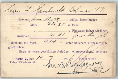 Lankwitz 1906 Drucksache Quittung M.B. Rodsenthal & Co