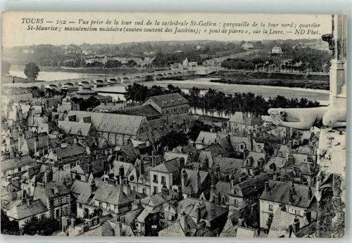 Tours 1910 vue prise de la tour sud de le tour sud de la cathedrale St. Gatien gargouille de la tour nord quartier St. Maurice pont la Loire