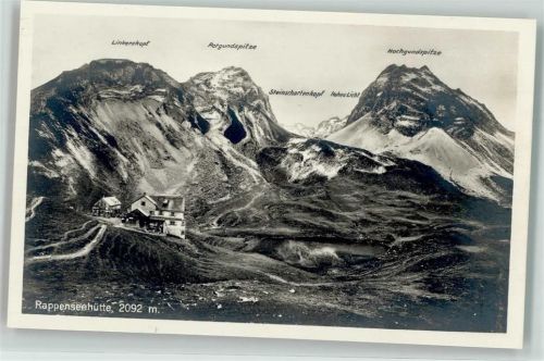 Rappenseehütte Berghütte mit Linkerskopf Rotgundspitze und Hochgundspitze