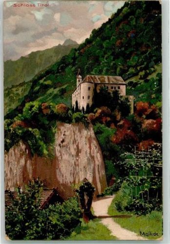 39019 Dorf Tirol Tirolo 1904 Gebrauchsspuren Schloss Tirol sign. Mailick Künstlerkarte