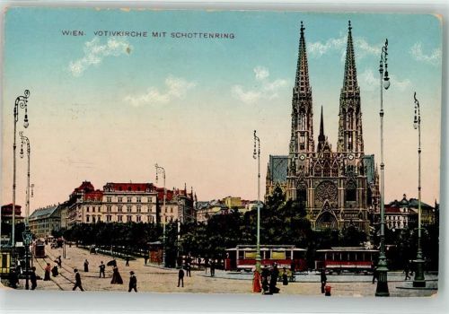Wien 1914 Votivkirche mit Schottenring Straßenbahn