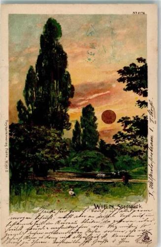 Wien 1900 Stadtpark im Sonnenuntergang Lithographie