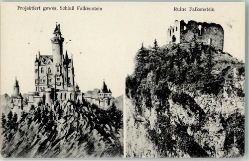Falkenstein Zeichnung des Schlosses Falkenstein und tatsächlicher Zustand als Ruine