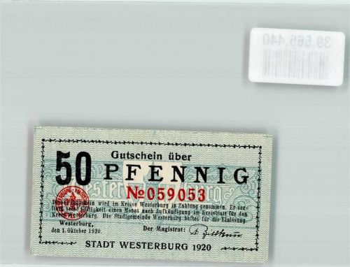 56457 W5438 Westerburg , Westerw Notgeldschein Gutschein 50 Pfennig Notgeld 1920