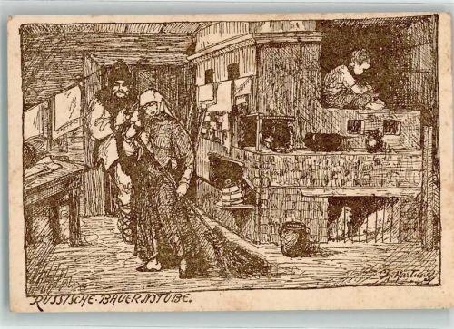 Kowel 1918 Feldpost WK I russische Bauernstube sign. Hartung