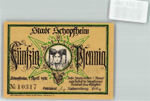 Schopfheim 1921 Schwarzwaldtracht 50 Pfennig Wappen Hans und Verene sign. J.P. Hebel