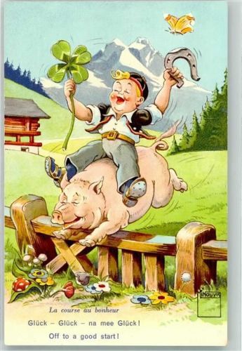 Springreiten mit Schwein 4-blättriges Kleeblatt Hufeisen Schmetterling Serie Nr. 75
