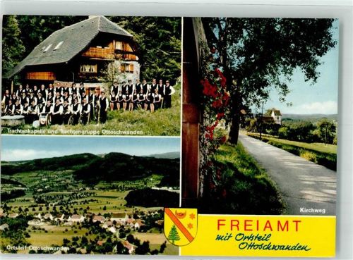 79348 W7838 Freiamt Foto AK Trachtenkapelle Trachtengruppe Ottoschwanden Tracht Trommel Wappen Bauernhaus Kirchweg