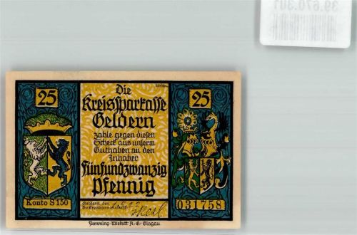 Geldern 25 Pfennig Notgeld Wappen Löwe Blau Gelb Belagerung Soldaten