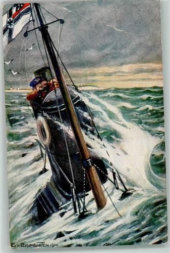 1915 sign. Baumgarten E.v. Deutsches Unterseeboot a. Patrouille a.d. englischen Küste Flagge Kolonialkriegerdank