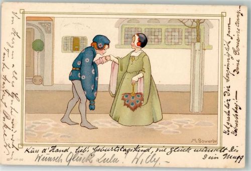 Galanter Mann küsst die Hand einer Frau im klassischem Kostüm samt Fächer Sowerby, M. 1905 Lithographie / Künstlerkarte