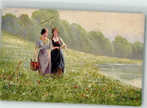 sign. Fiedler Norwegerinnen nach der Feldarbeit auf einer Blumenwiese Kleiner Salon 208