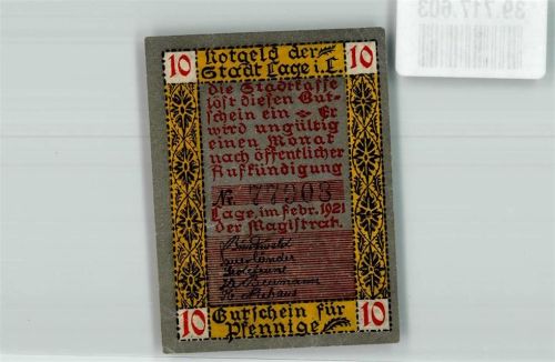 Lage 1921 Notgeld 10 Pfennig Gutschein Nr. 77903