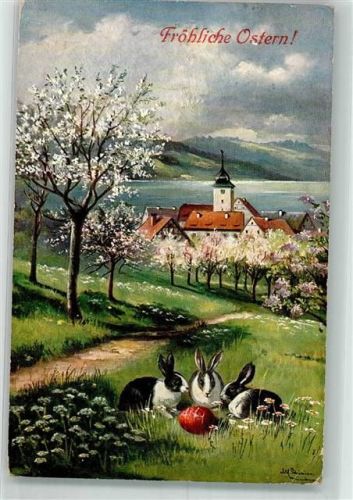 1921 Verlag Stroefer Serie 1456 Ostern Hasen Osterei blühende Bäume
