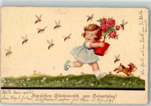 1936 Verlag SW + SB 4956 Kind mit Hund und Bienen Rosentopf Geburtstag