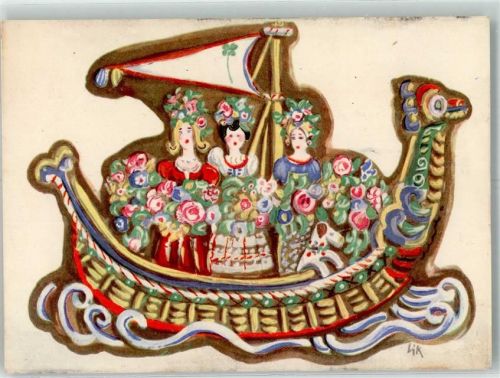sign. Lik Schiff Frauen Hund Blumen Kleeblatt J.V.W. Nr.41