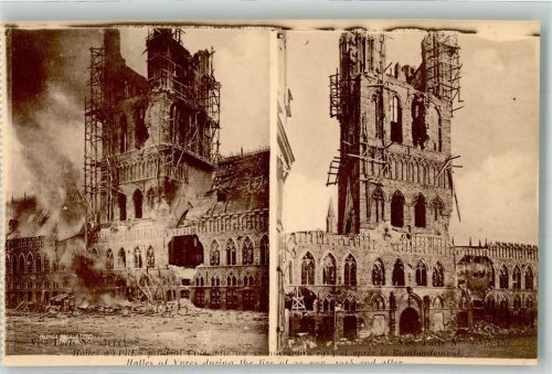 Ypres 1914 Tuchhallen vor und nach der Bombardierung