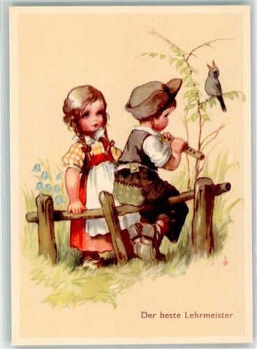 Junge spielt vor einem Mädchen auf der Flöte während ein Vogel mitsingt Kinderpoesie Verlag C. Pahl & Co. Nr. 103-3