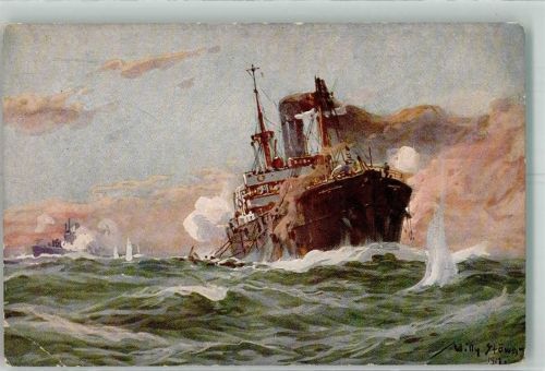 1917 Deutsches U-Boot i. Gefecht m. bewaffnetem Handelsdampfer i. Sperrgebiet U-Boot-Spende Künstlerkarte
